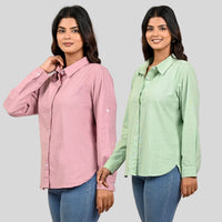 Women Pink And Pista Green Solid Airy Linen Cotton Shirts Combo