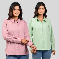 Women Pink And Pista Green Solid Airy Linen Cotton Shirts Combo