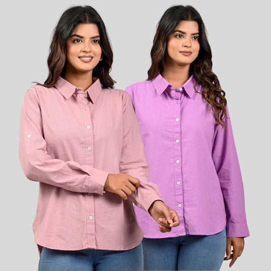 Women Pink And Purple Solid Airy Linen Cotton Shirts Combo