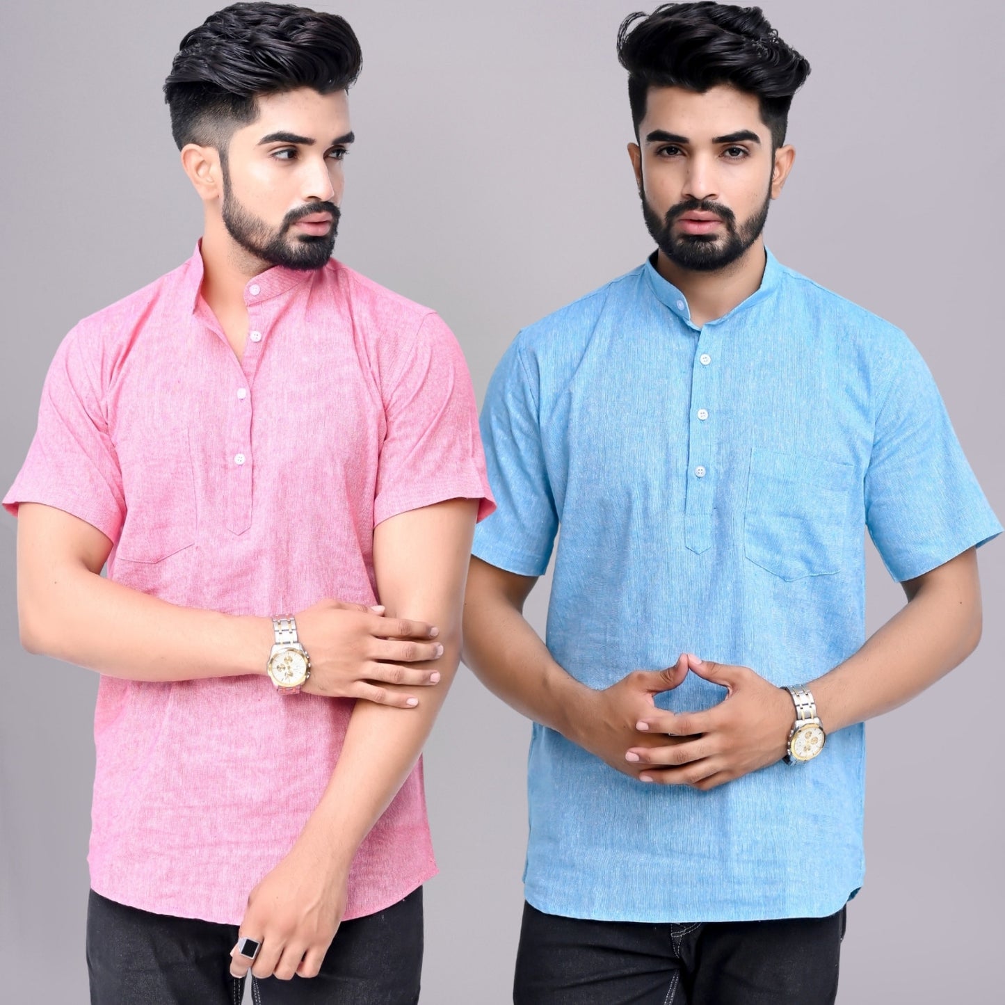 Pack of 2 Mens Solid Pink And Sky Blue Khadi Cotton Short Kurta Combo