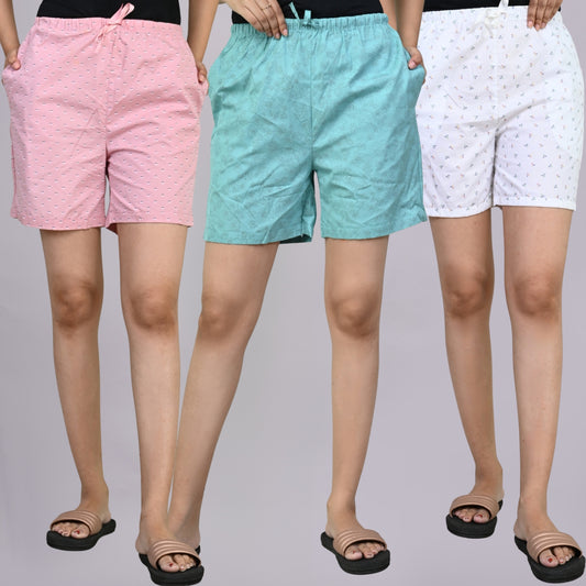 Pack Of 3 Pink, Sky Blue And White Printed Women Shorts Combo