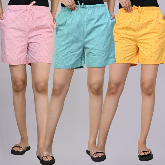 Pack Of 3 Pink, Sky Blue And Yellow Printed Women Shorts Combo