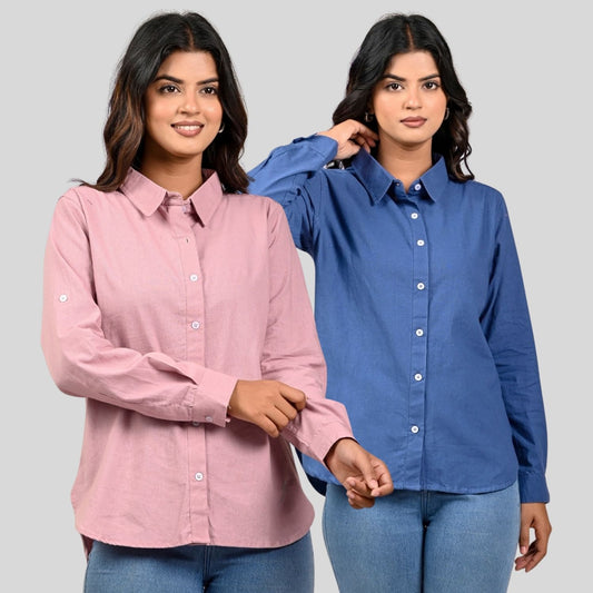 Women Pink And Teal Blue Solid Airy Linen Cotton Shirts Combo