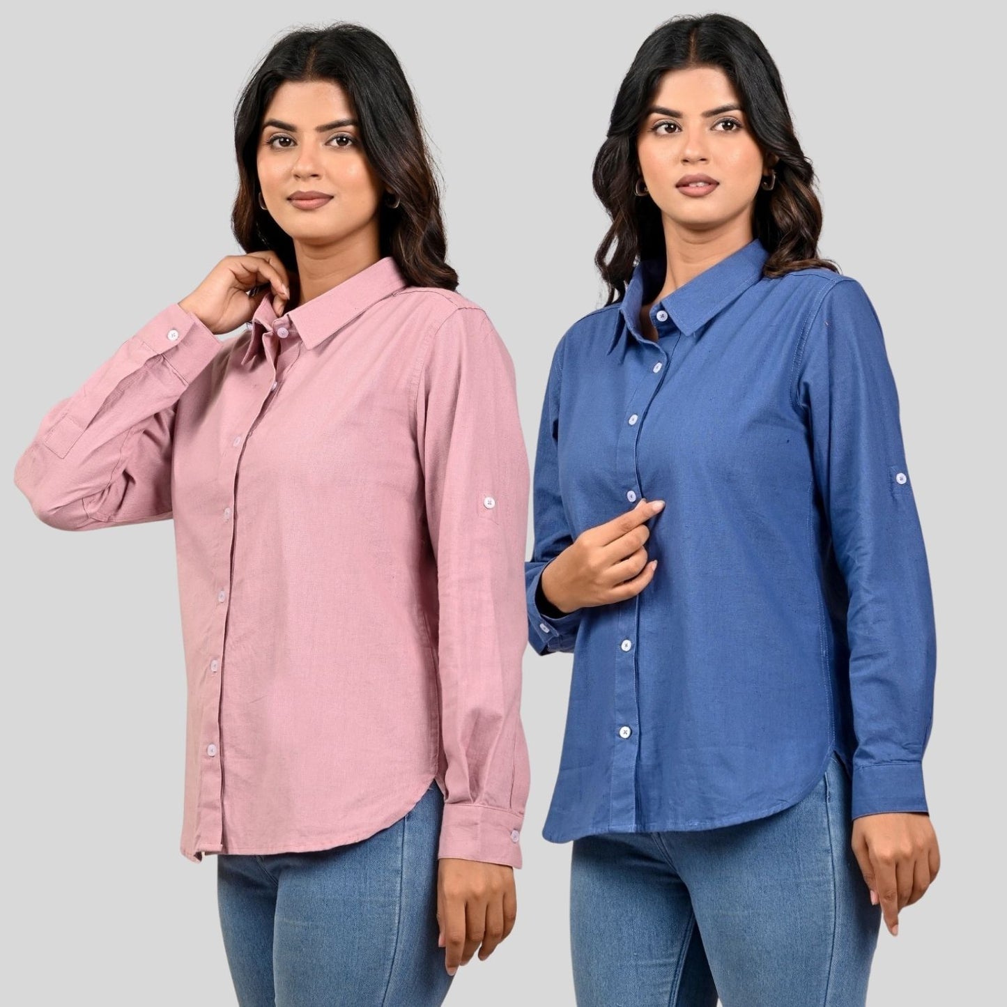 Women Pink And Teal Blue Solid Airy Linen Cotton Shirts Combo