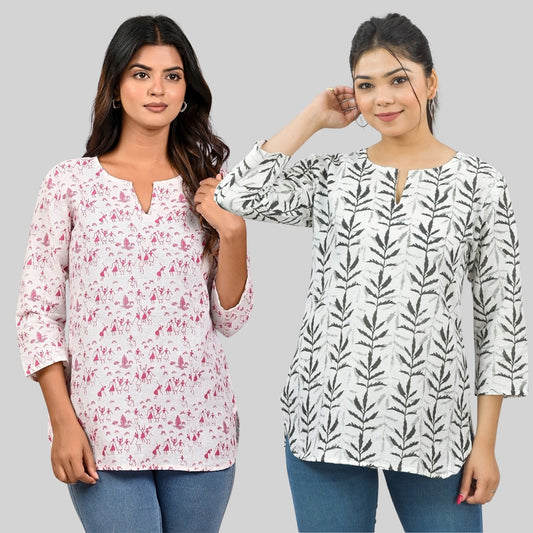 Pack Of 2 Womens Regular Fit Pink Vactor And Black Leaf Printed Tops Combo