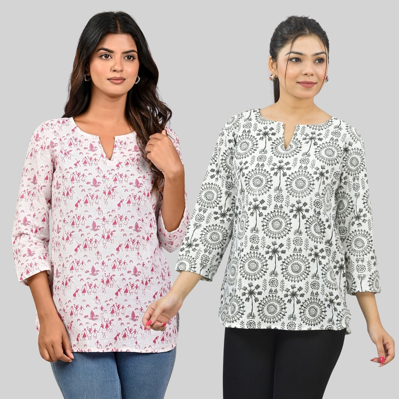 Pack Of 2 Womens Regular Fit Pink Vactor And Black Tribal Printed Tops Combo