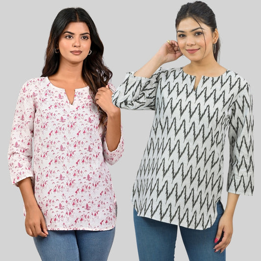 Pack Of 2 Womens Regular Fit Pink Vactor And Black Zig-Zag Printed Tops Combo