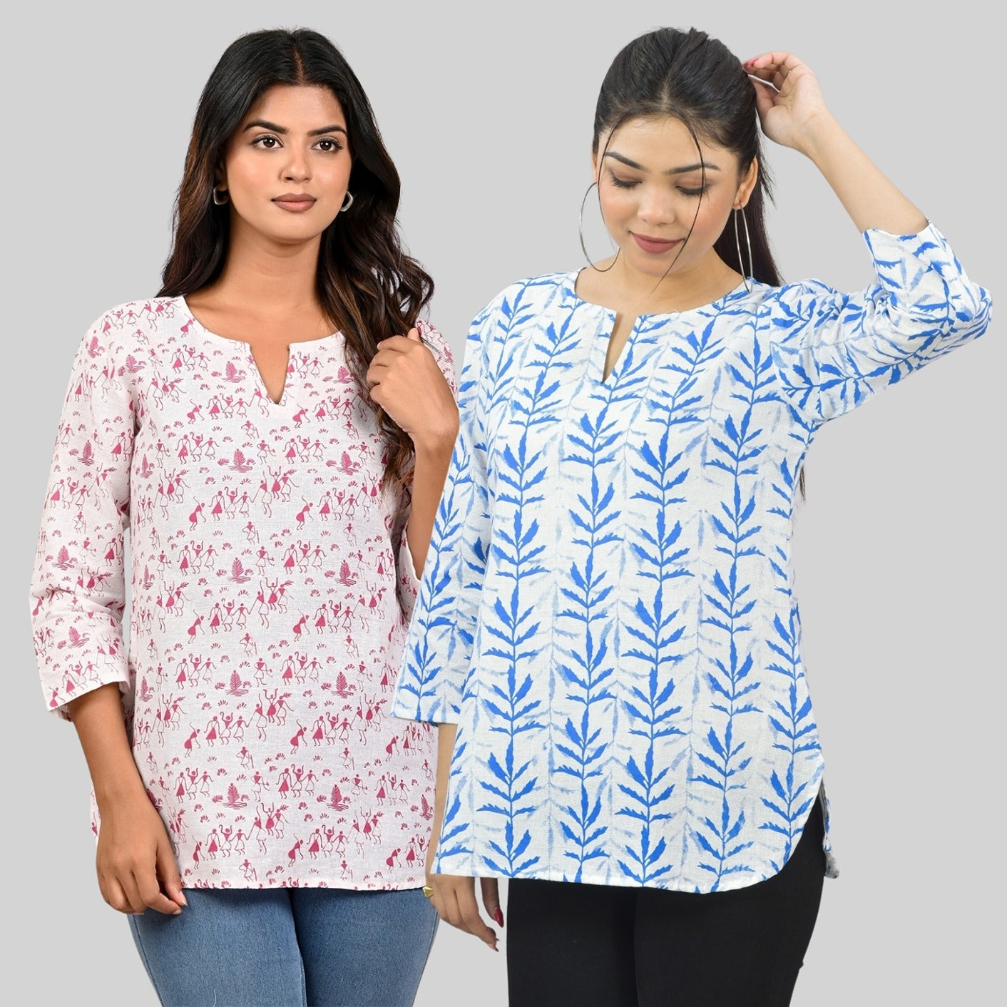 Pack Of 2 Womens Regular Fit Pink Vactor And Blue Leaf Printed Tops Combo