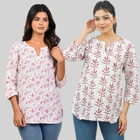 Pack Of 2 Womens Regular Fit Pink Vactor And Maroon Leaf Printed Tops Combo