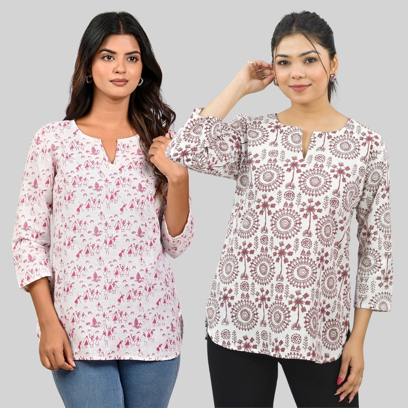 Pack Of 2 Womens Regular Fit Pink Vactor And Maroon Tribal Printed Tops Combo