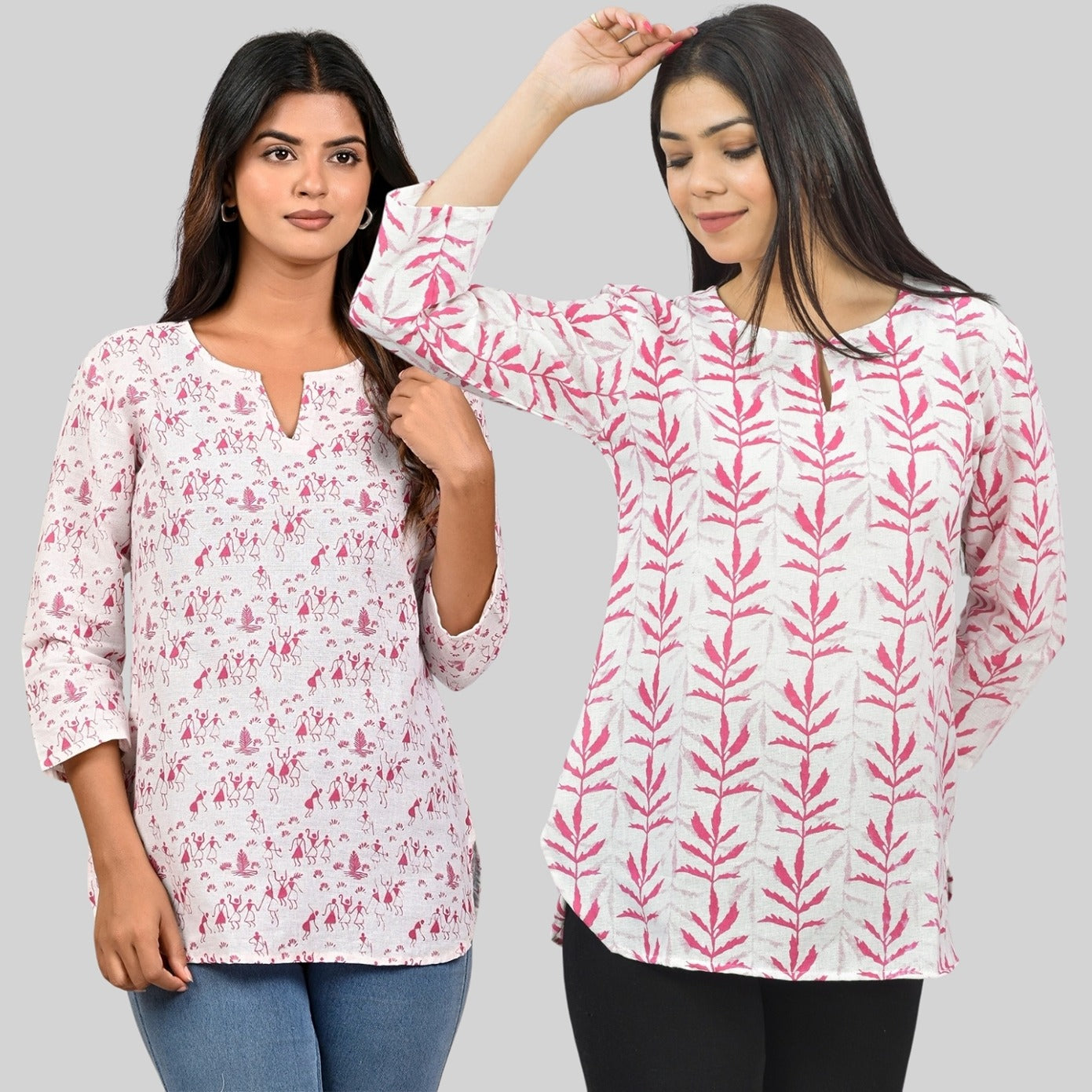 Pack Of 2 Womens Regular Fit Pink Vactor And Pink Leaf Printed Tops Combo