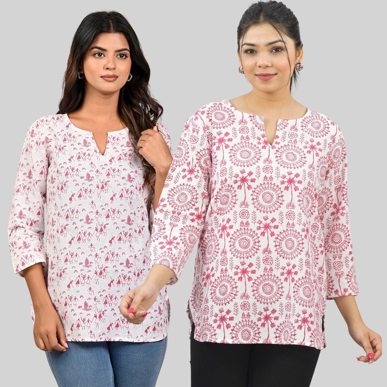 Pack Of 2 Womens Regular Fit Pink Vactor And Pink Tribal Printed Tops Combo