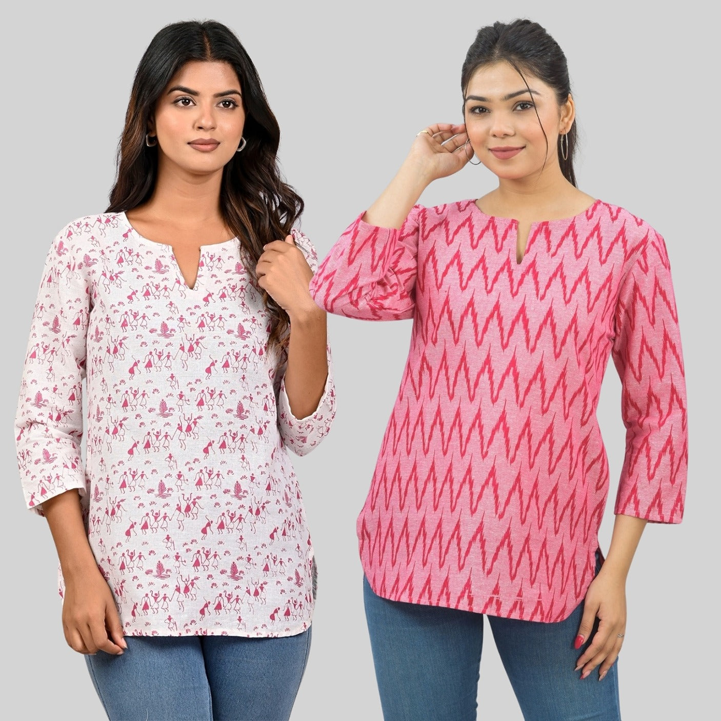 Pack Of 2 Womens Regular Fit Pink Vactor And Pink Zig-Zag Printed Tops Combo