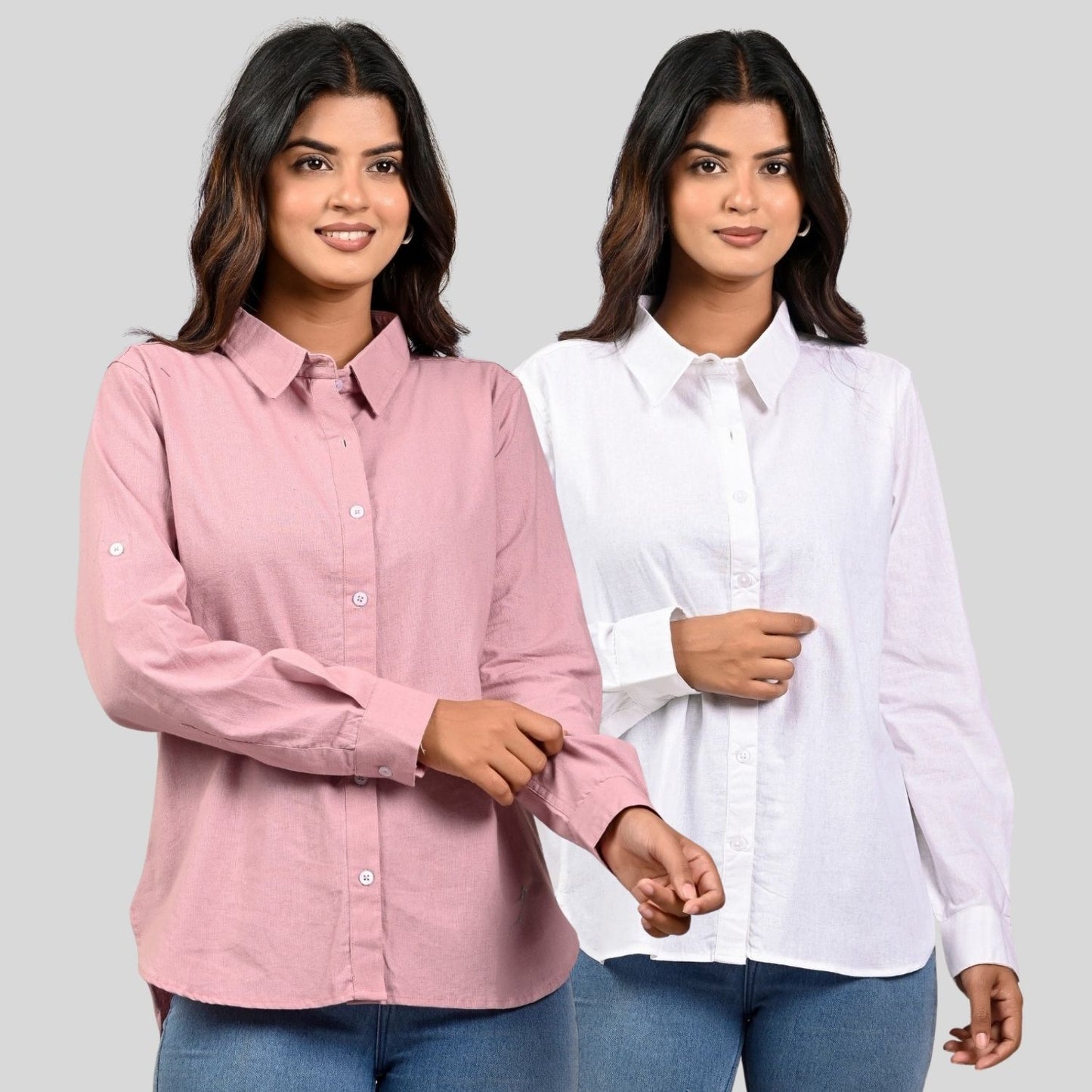 Women Pink And White Solid Airy Linen Cotton Shirts Combo