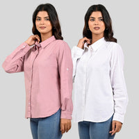 Women Pink And White Solid Airy Linen Cotton Shirts Combo