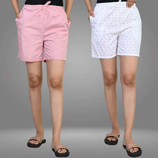Pack Of 2 Womens Pink And White Printed Short Combo