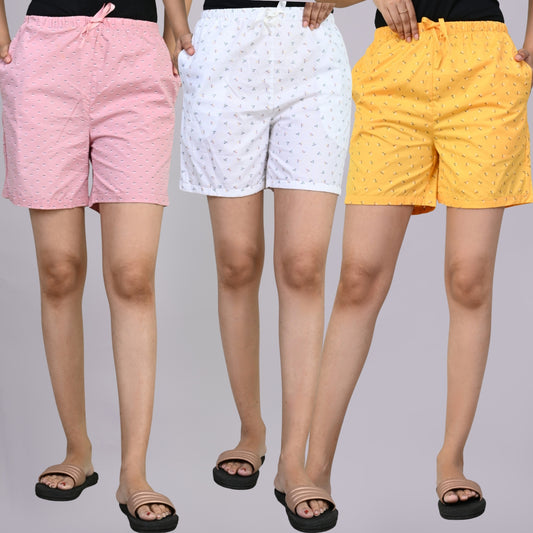 Pack Of 3 Pink, White And Yellow Printed Women Shorts Combo