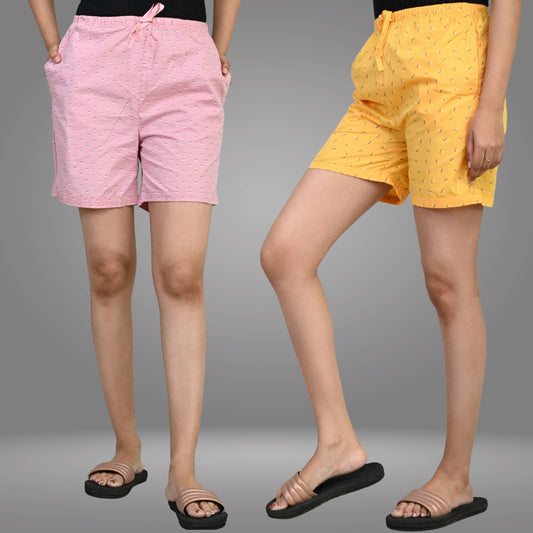 Pack Of 2 Womens Pink And Yellow Printed Short Combo