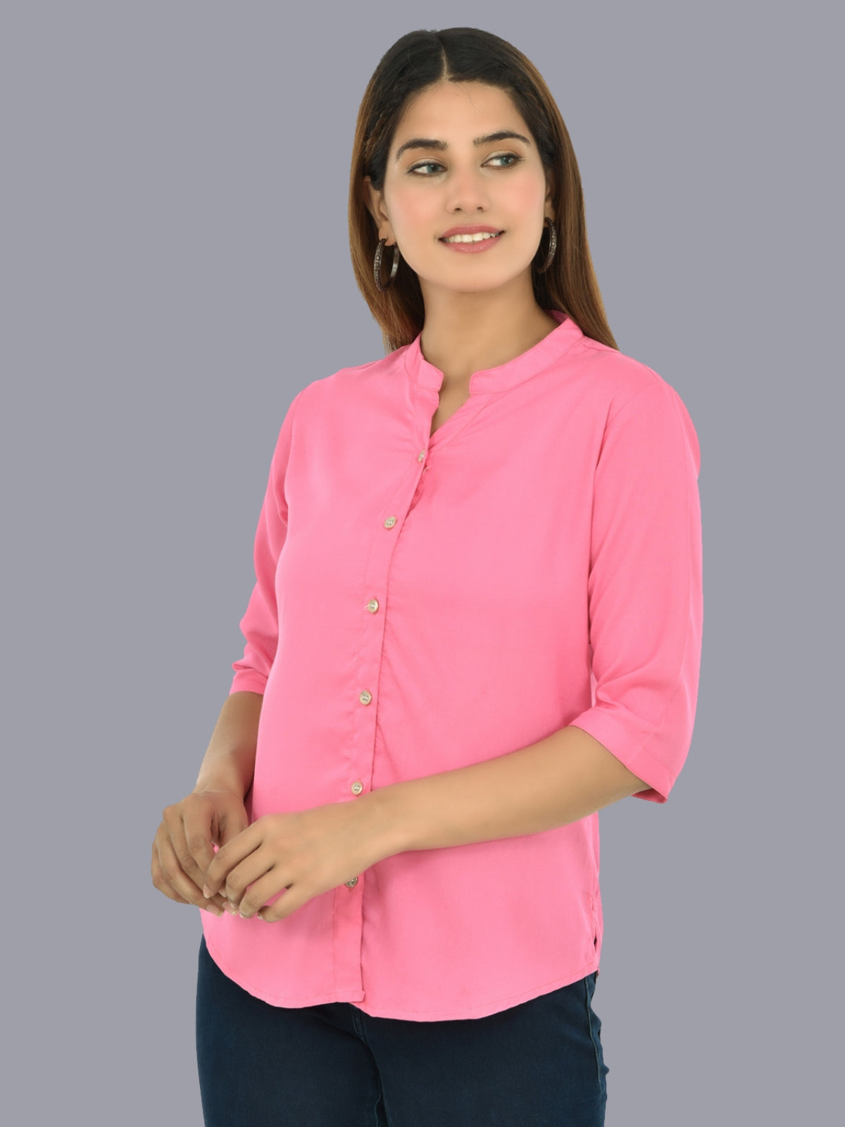 Womens Pink Regular Fit Chinese Collar Rayon Shirt