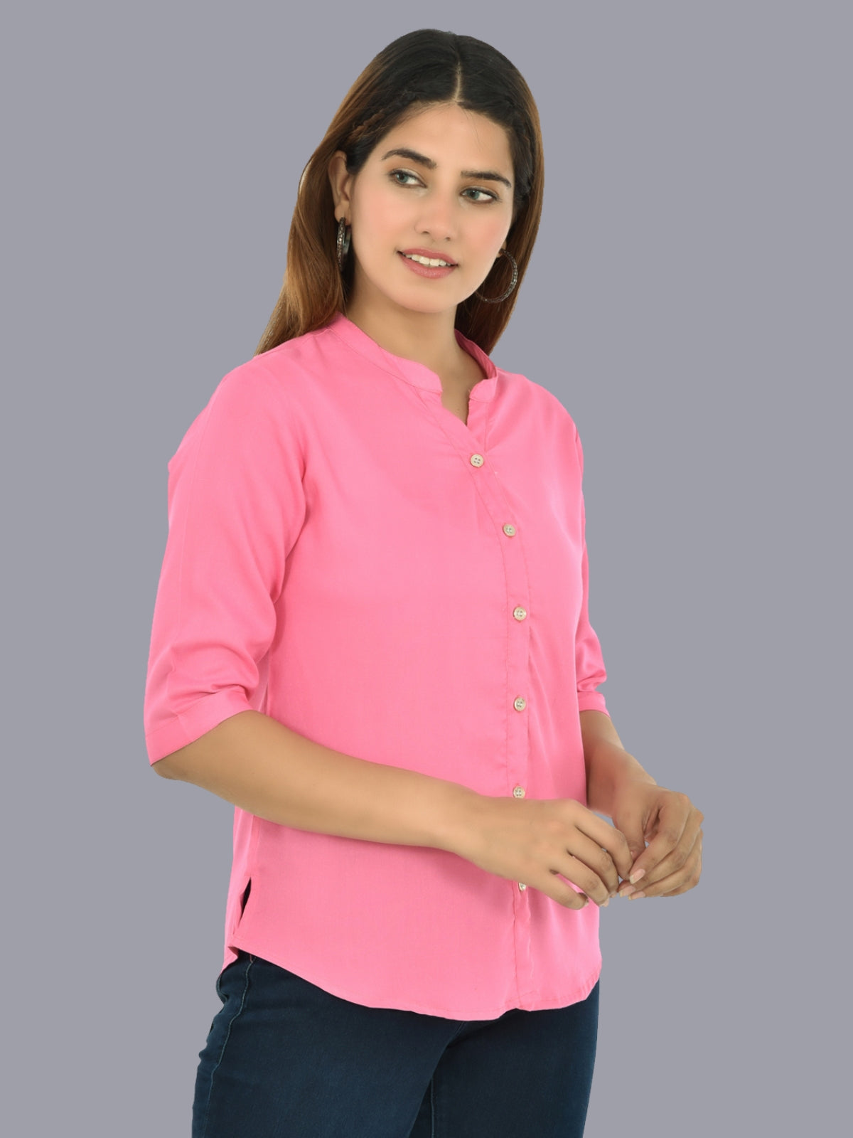 Womens Pink Regular Fit Chinese Collar Rayon Shirt