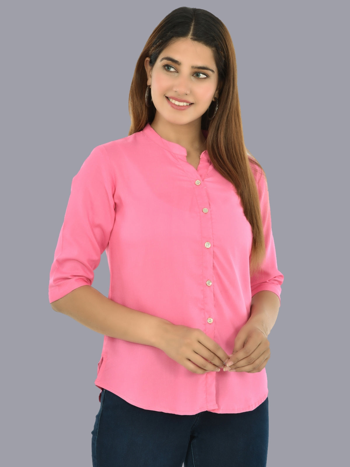 Womens Pink Regular Fit Chinese Collar Rayon Shirt