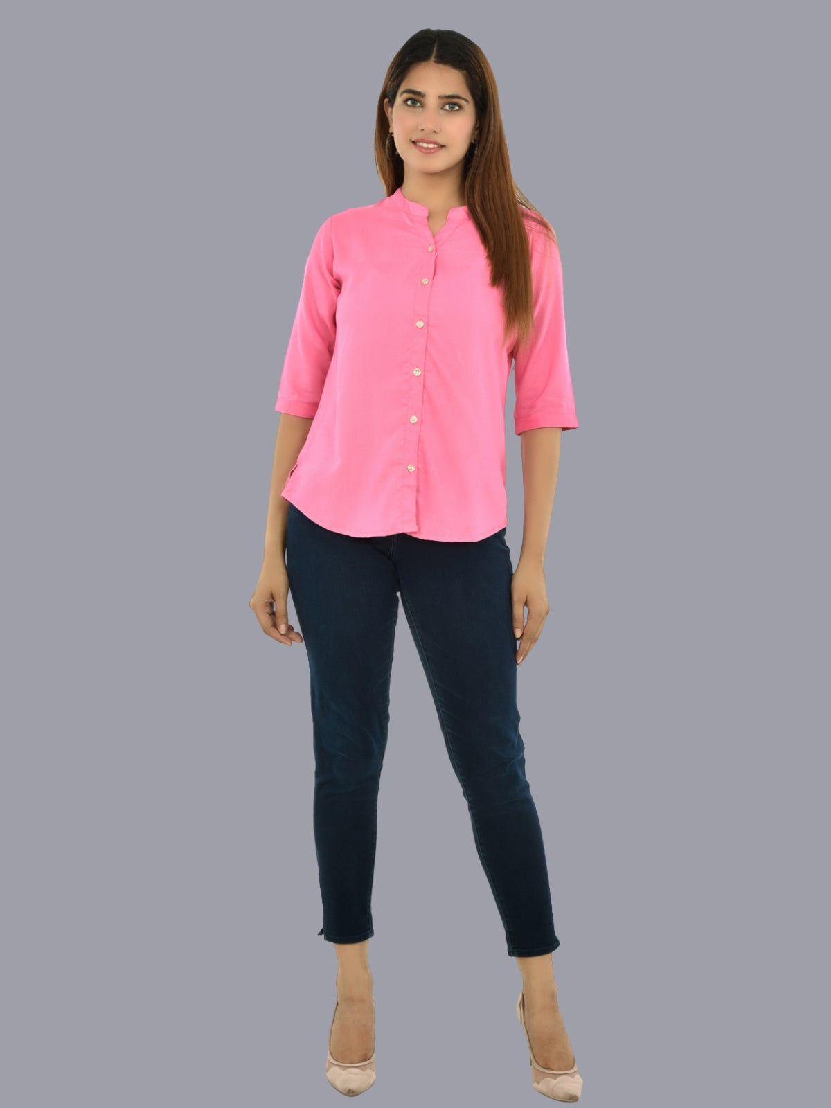 Womens Pink Regular Fit Chinese Collar Rayon Shirt