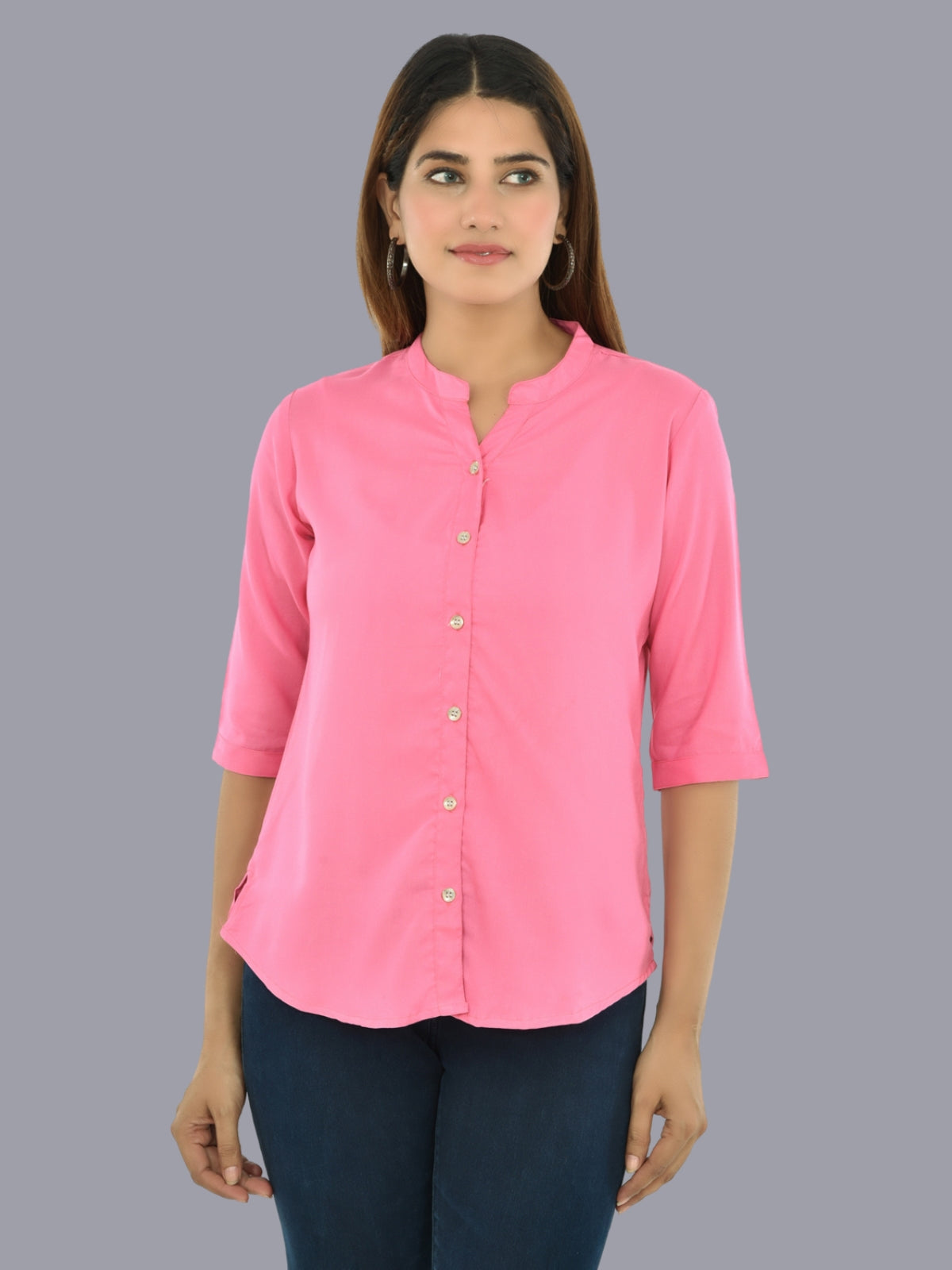 Womens Pink Regular Fit Chinese Collar Rayon Shirt