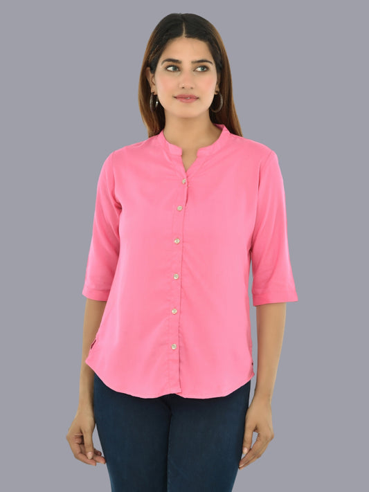 Womens Pink Regular Fit Chinese Collar Rayon Shirt