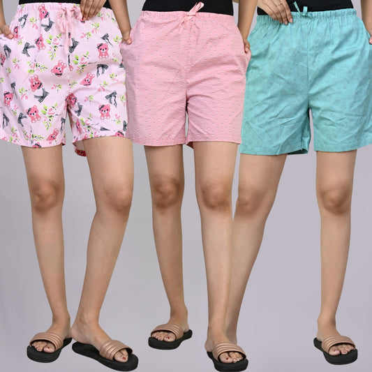 Pack Of 3 Pink Teddy, Pink And Sky Blue Printed Women Shorts Combo