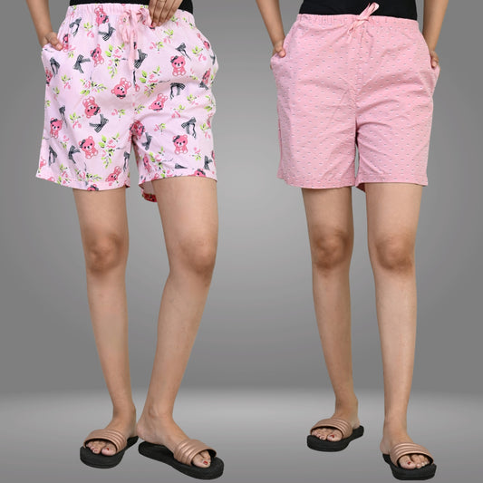Pack Of 2 Womens Pink Teddy And Pink Printed Short Combo