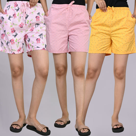 Pack Of 3 Pink Teddy, Pink And Yellow Printed Women Shorts Combo