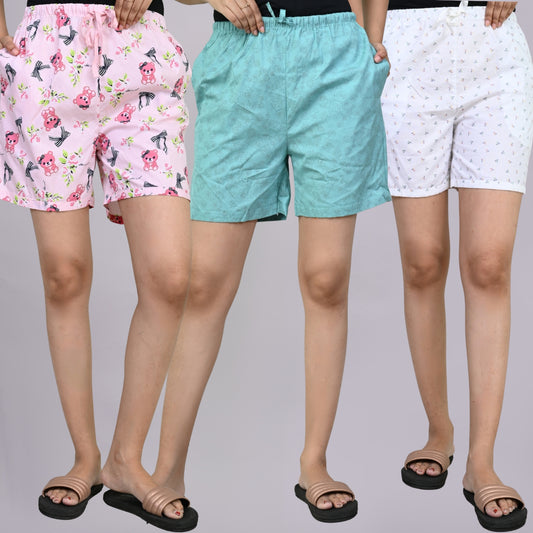 Pack Of 3 Pink Teddy, Sky Blue And White Printed Women Shorts Combo