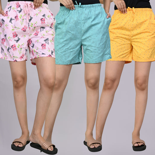 Pack Of 3 Pink Teddy, Sky Blue And Yellow Printed Women Shorts Combo