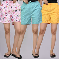 Pack Of 3 Pink Teddy, Sky Blue And Yellow Printed Women Shorts Combo