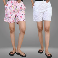 Pack Of 2 Womens Pink Teddy And White Printed Short Combo