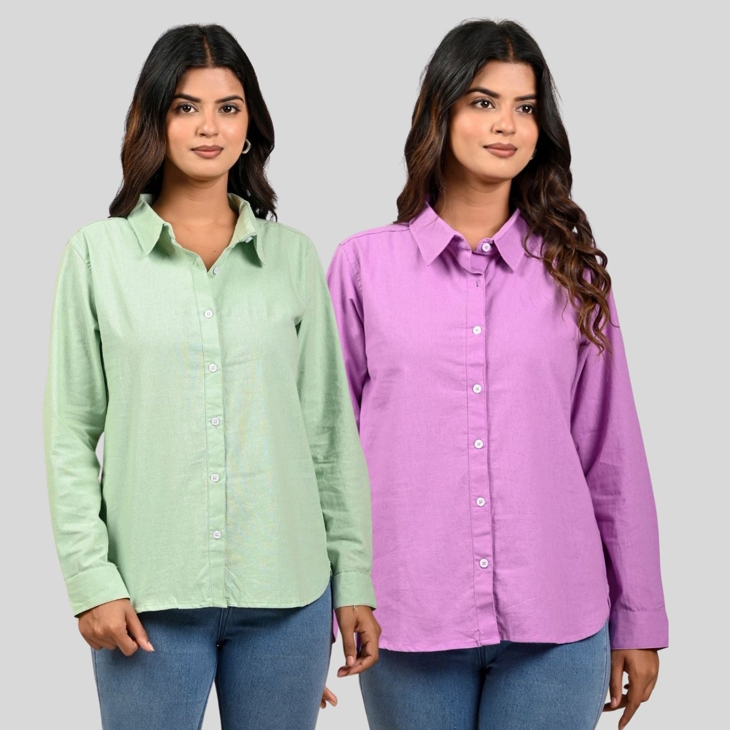 Women Pista Green And Purple Solid Airy Linen Cotton Shirts Combo