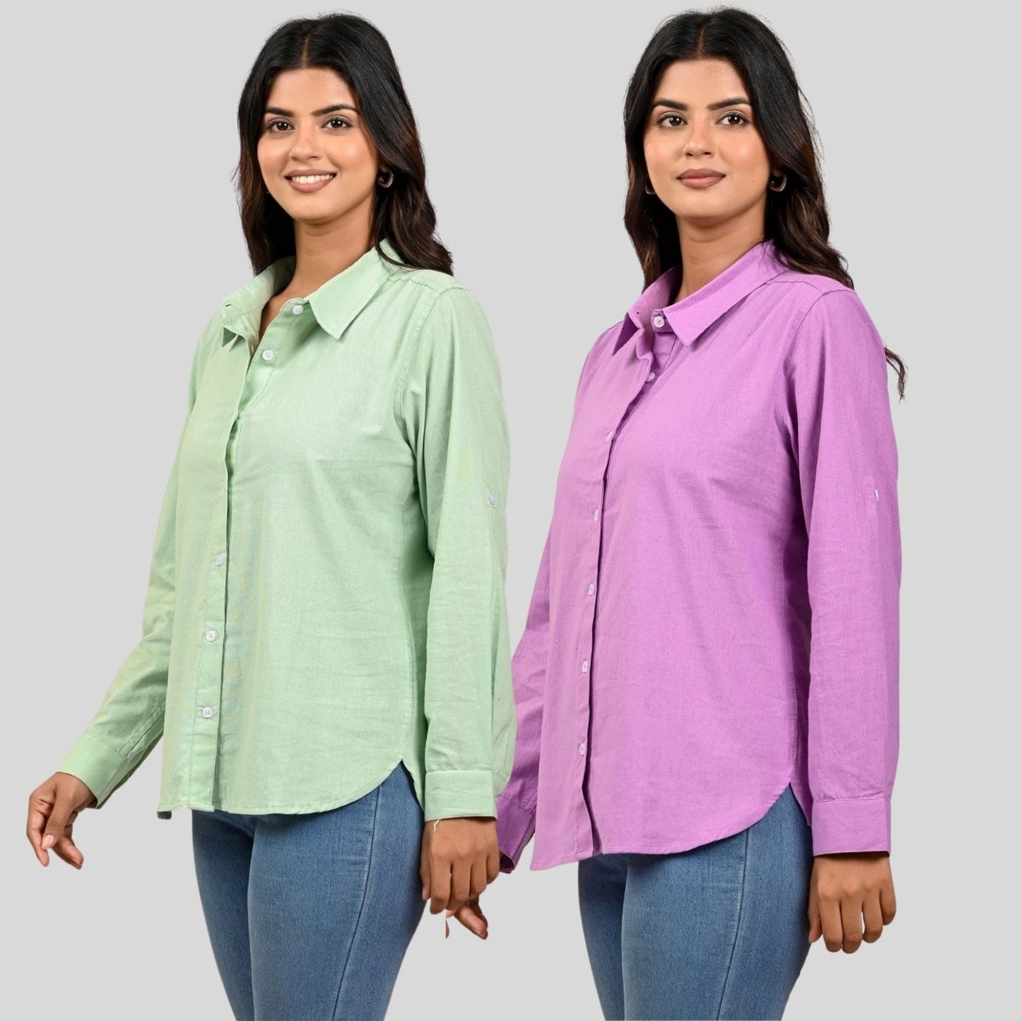 Women Pista Green And Purple Solid Airy Linen Cotton Shirts Combo