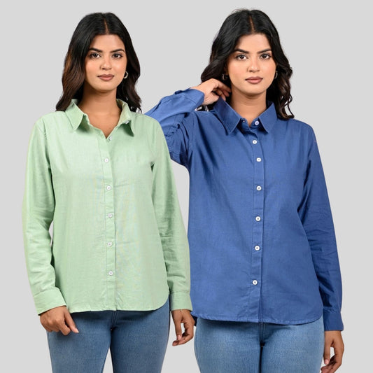 Women Pista Green And Teal Blue Solid Airy Linen Cotton Shirts Combo