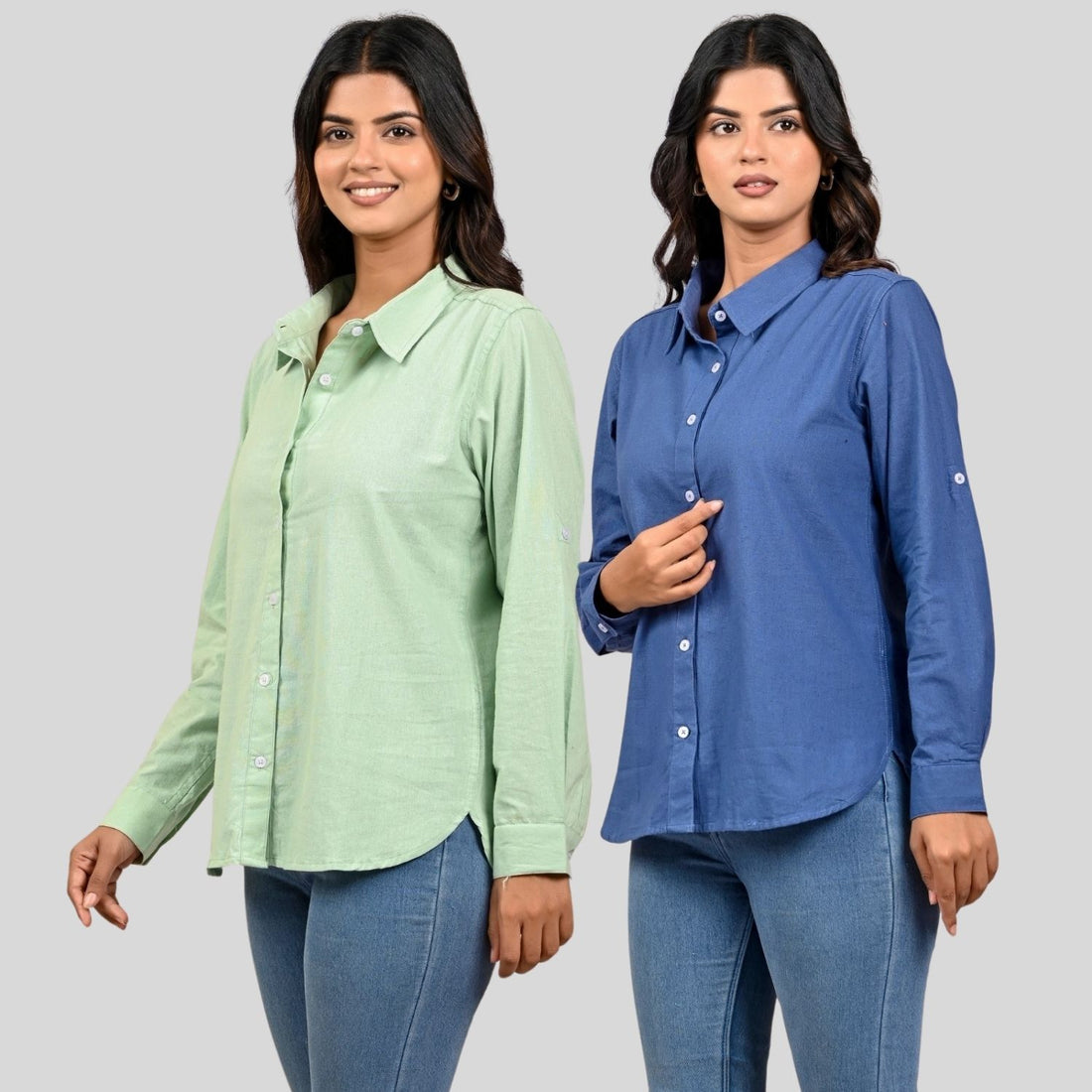Women Pista Green And Teal Blue Solid Airy Linen Cotton Shirts Combo