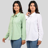 Women Pista Green And White Solid Airy Linen Cotton Shirts Combo