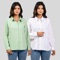 Women Pista Green And White Solid Airy Linen Cotton Shirts Combo