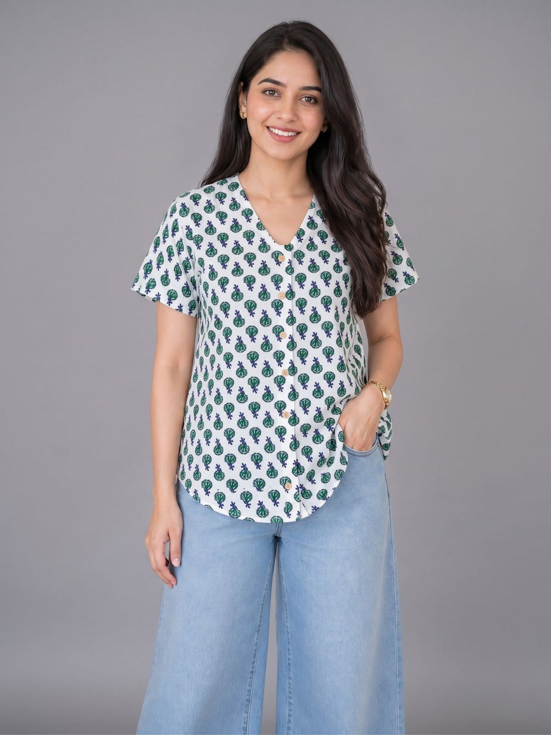 Jaipuri Green Butti Printed Cotton Top-01