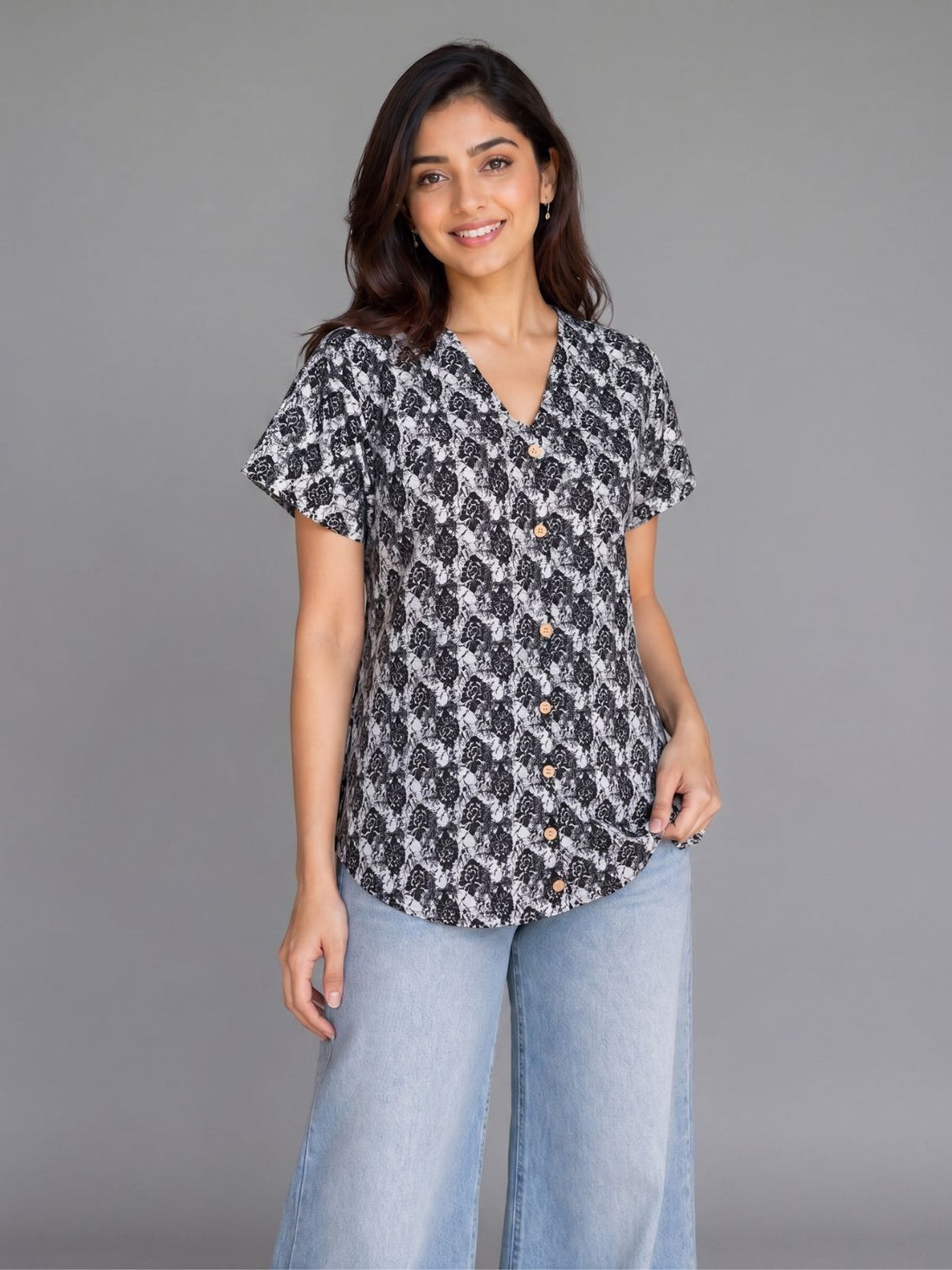 Jaipuri Black & White Printed Cotton Top-04