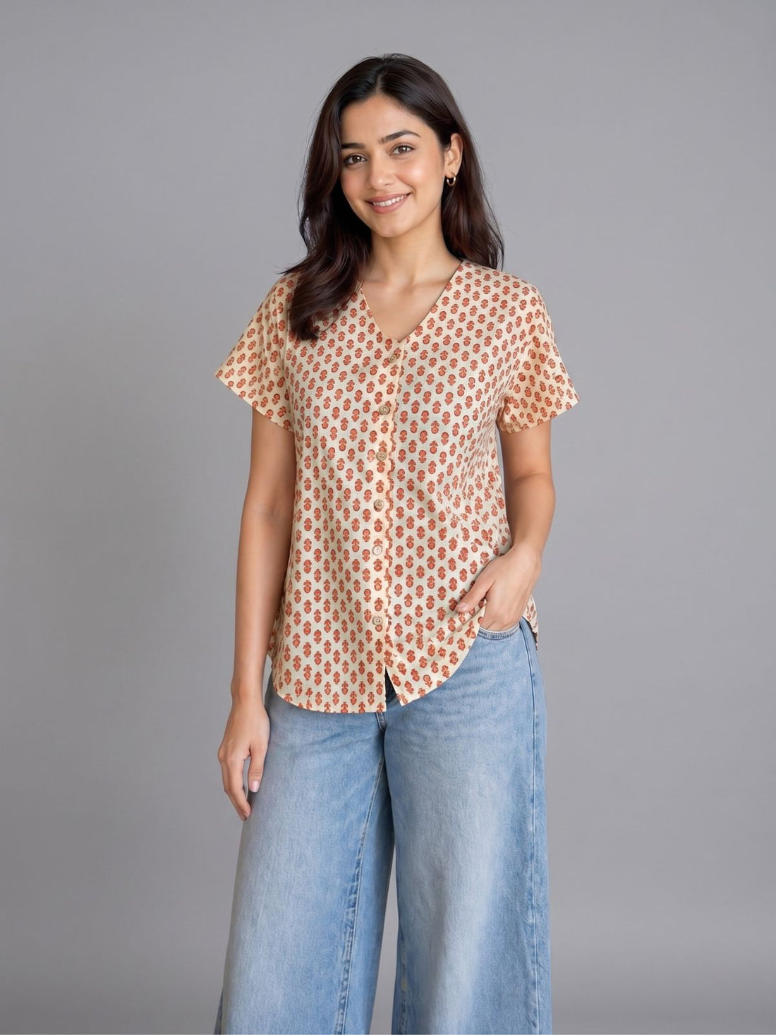 Jaipuri Orange Printed Cotton Top-07