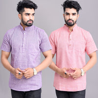 Pack of 2 Mens Solid Purple And Red Khadi Cotton Short Kurta Combo