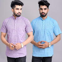 Pack of 2 Mens Solid Purple And Sky Blue Khadi Cotton Short Kurta Combo