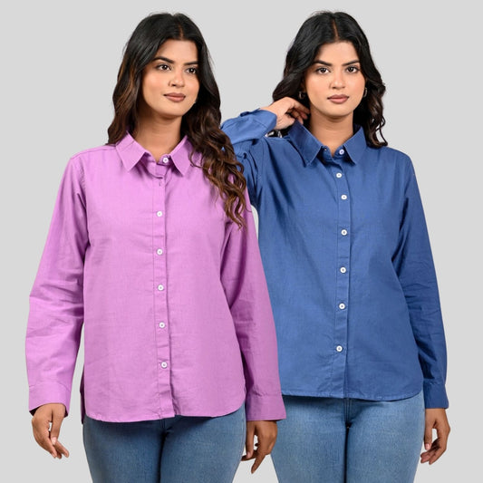 Women Purple And Teal Blue Solid Airy Linen Cotton Shirts Combo