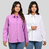 Women Purple And White Solid Airy Linen Cotton Shirts Combo