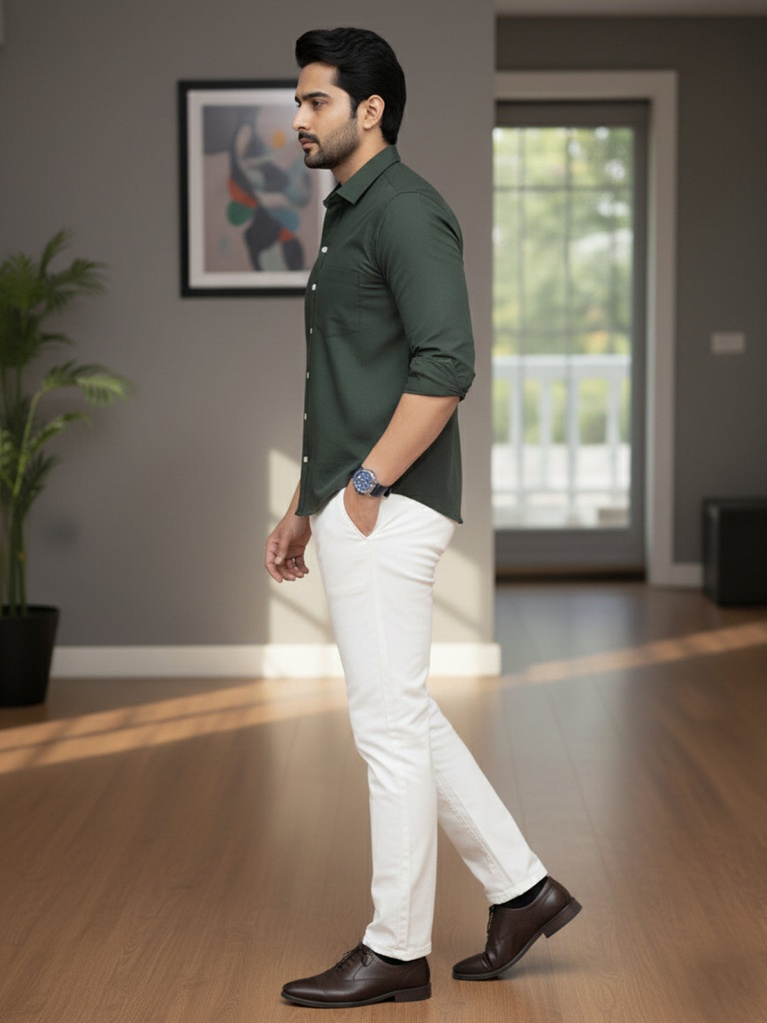 Mens Solid Bottel Green Full Sleeve Cotton Blend Shirt