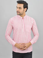 Regular Fit Pink Stripes Linen Slub Short Kurta
